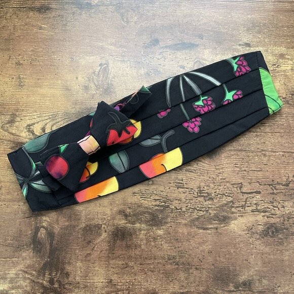 Vintage 90s SilkScapes Mens Bow Tie Matching Cummerbund Hand Painted Silk - Picture 1 of 11
